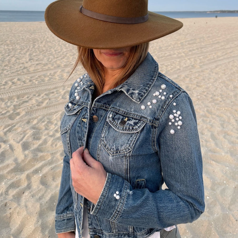 Denim Crop Jacket, Pearls & Fringe Upcycled Embellished by hand,Pearls Drip Down